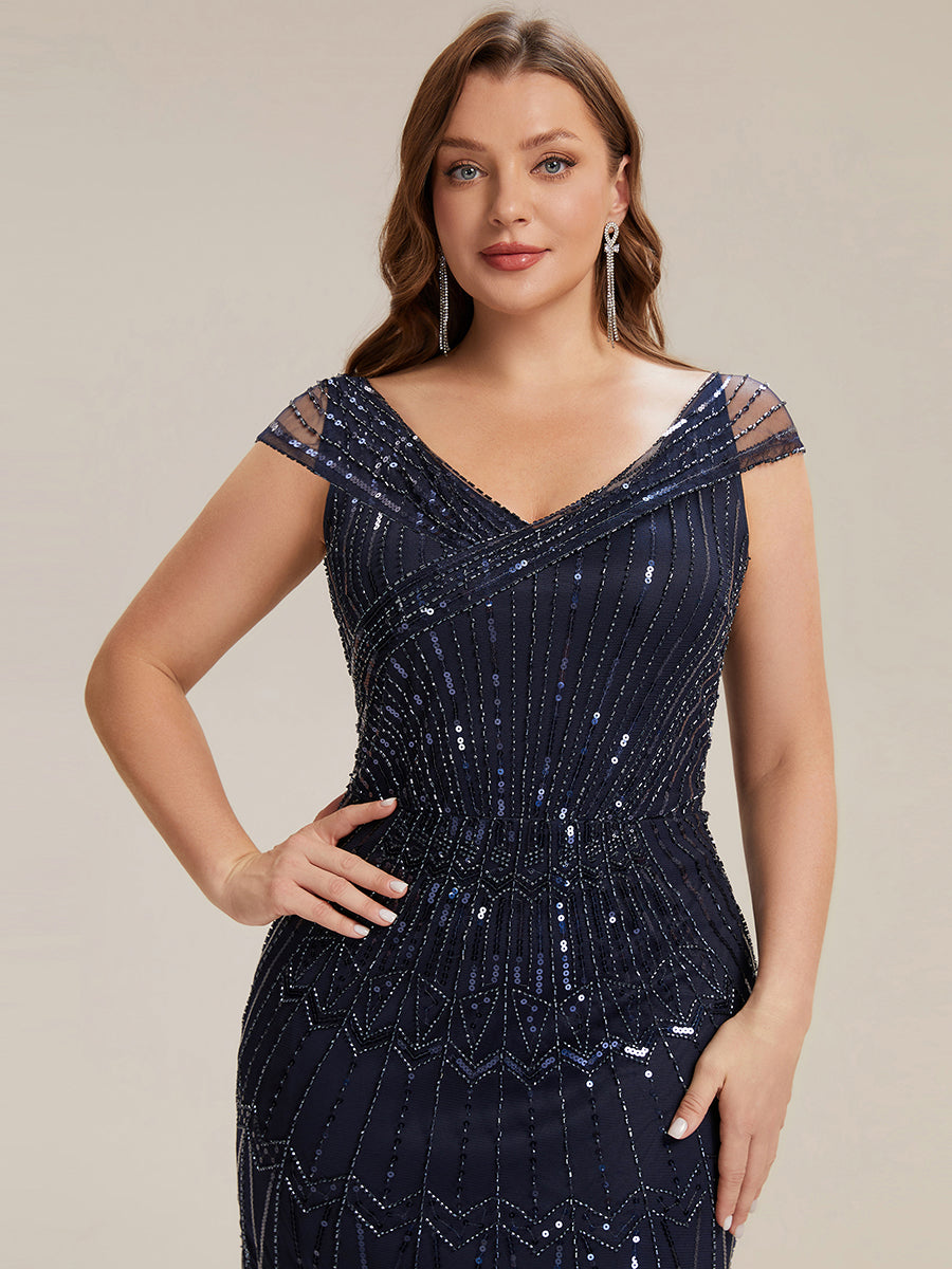 Sequin Drop Shoulder Sleeve Beaded Formal Dress #color_Navy Blue