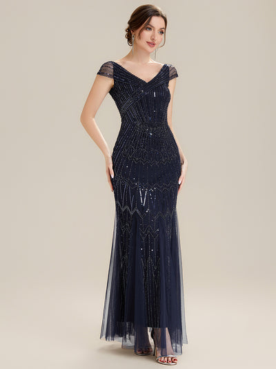 Sequin Drop Shoulder Sleeve Beaded Formal Dress #color_Navy Blue