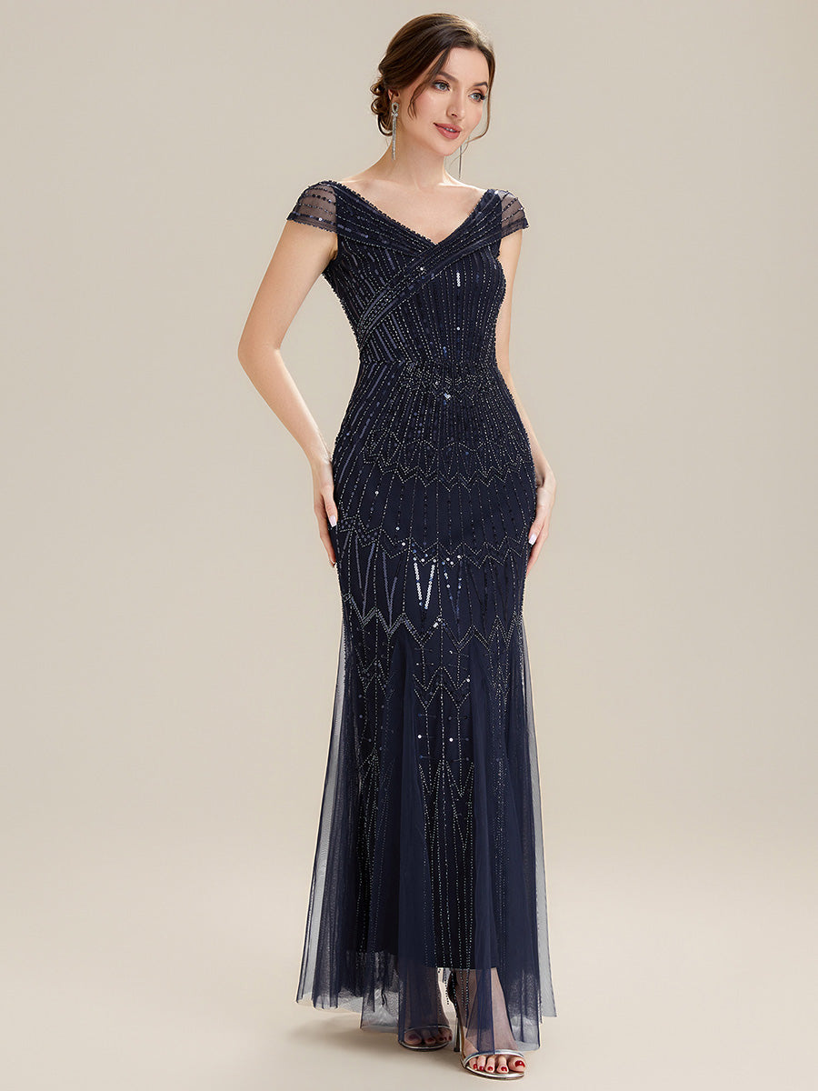 Sequin Drop Shoulder Sleeve Beaded Formal Dress #color_Navy Blue