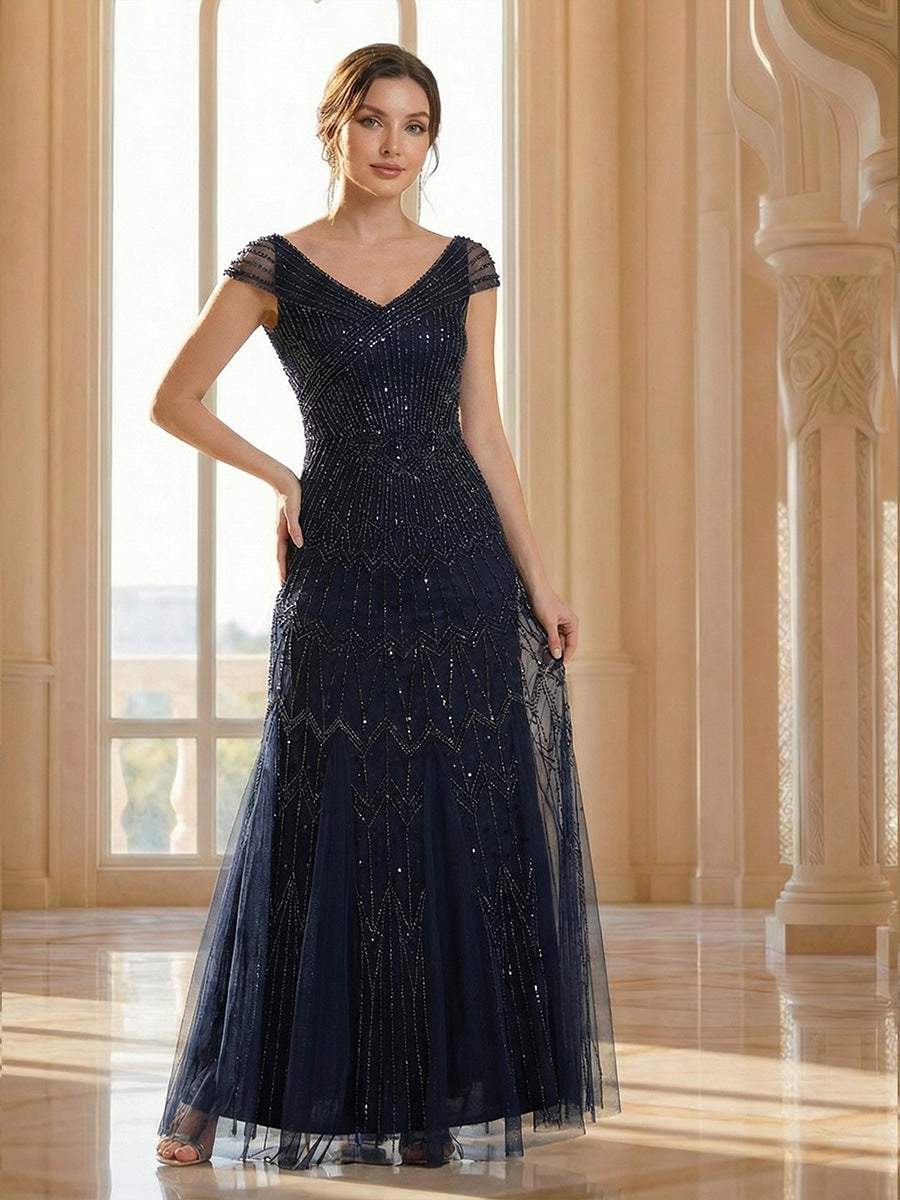 Sequin Drop Shoulder Sleeve Beaded Formal Dress #color_Navy Blue