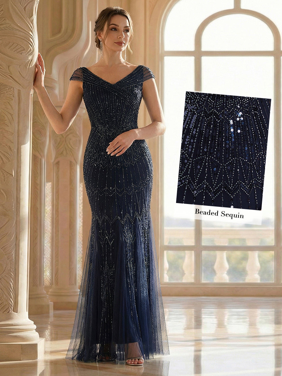 Sequin Drop Shoulder Sleeve Beaded Formal Dress #color_Navy Blue