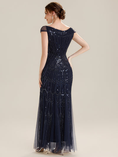Sequin Drop Shoulder Sleeve Beaded Formal Dress #color_Navy Blue