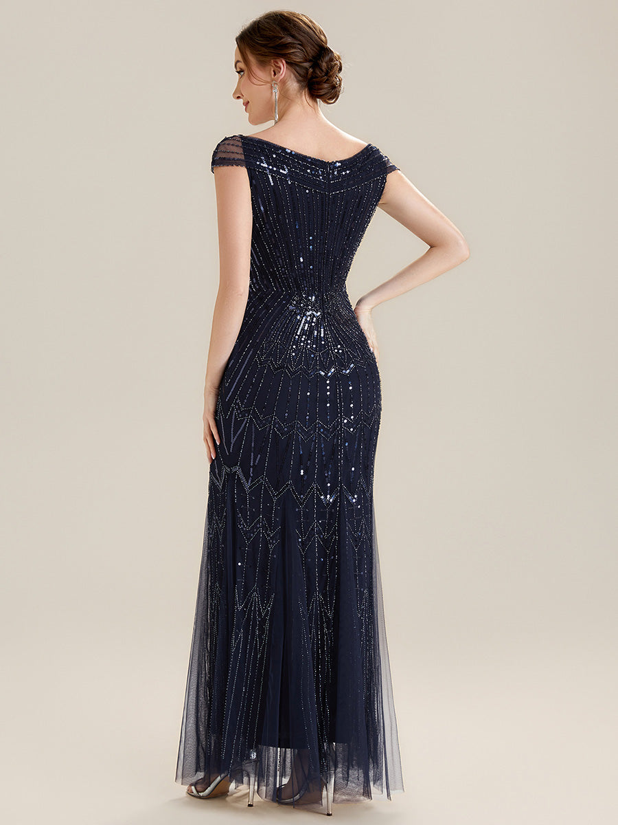 Sequin Drop Shoulder Sleeve Beaded Formal Dress #color_Navy Blue