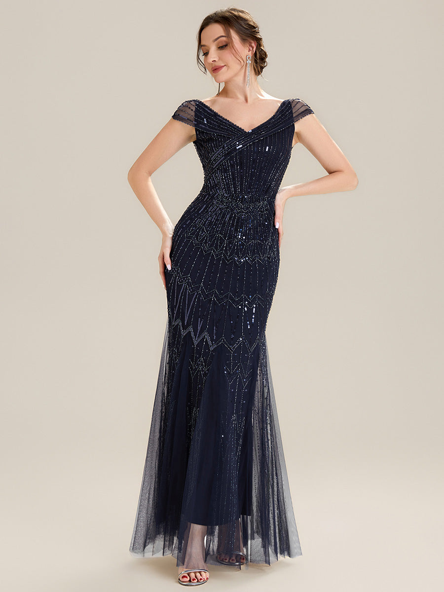 Sequin Drop Shoulder Sleeve Beaded Formal Dress #color_Navy Blue