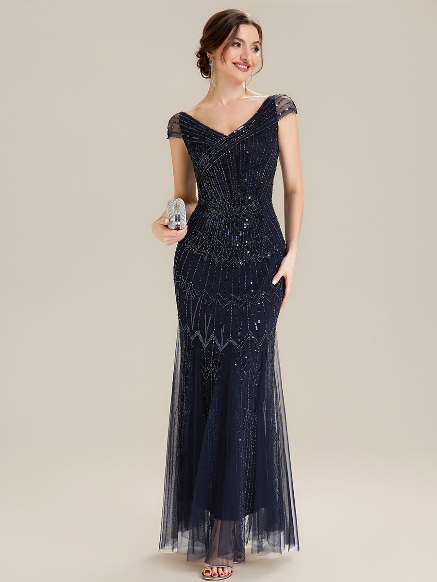 Sequin Drop Shoulder Sleeve Beaded Formal Dress #color_Navy Blue