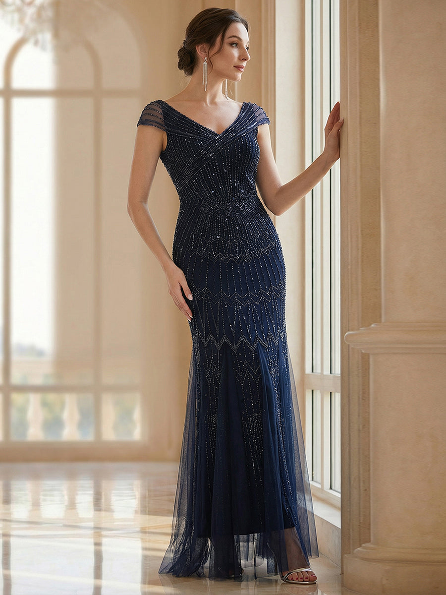Sequin Drop Shoulder Sleeve Beaded Formal Dress #color_Navy Blue