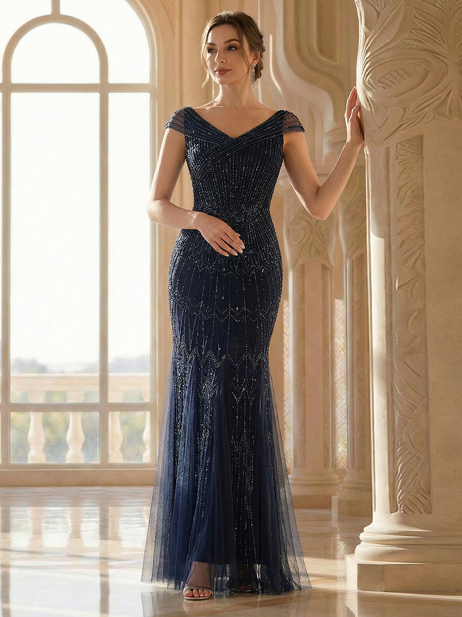 Sequin Drop Shoulder Sleeve Beaded Formal Dress #color_Navy Blue