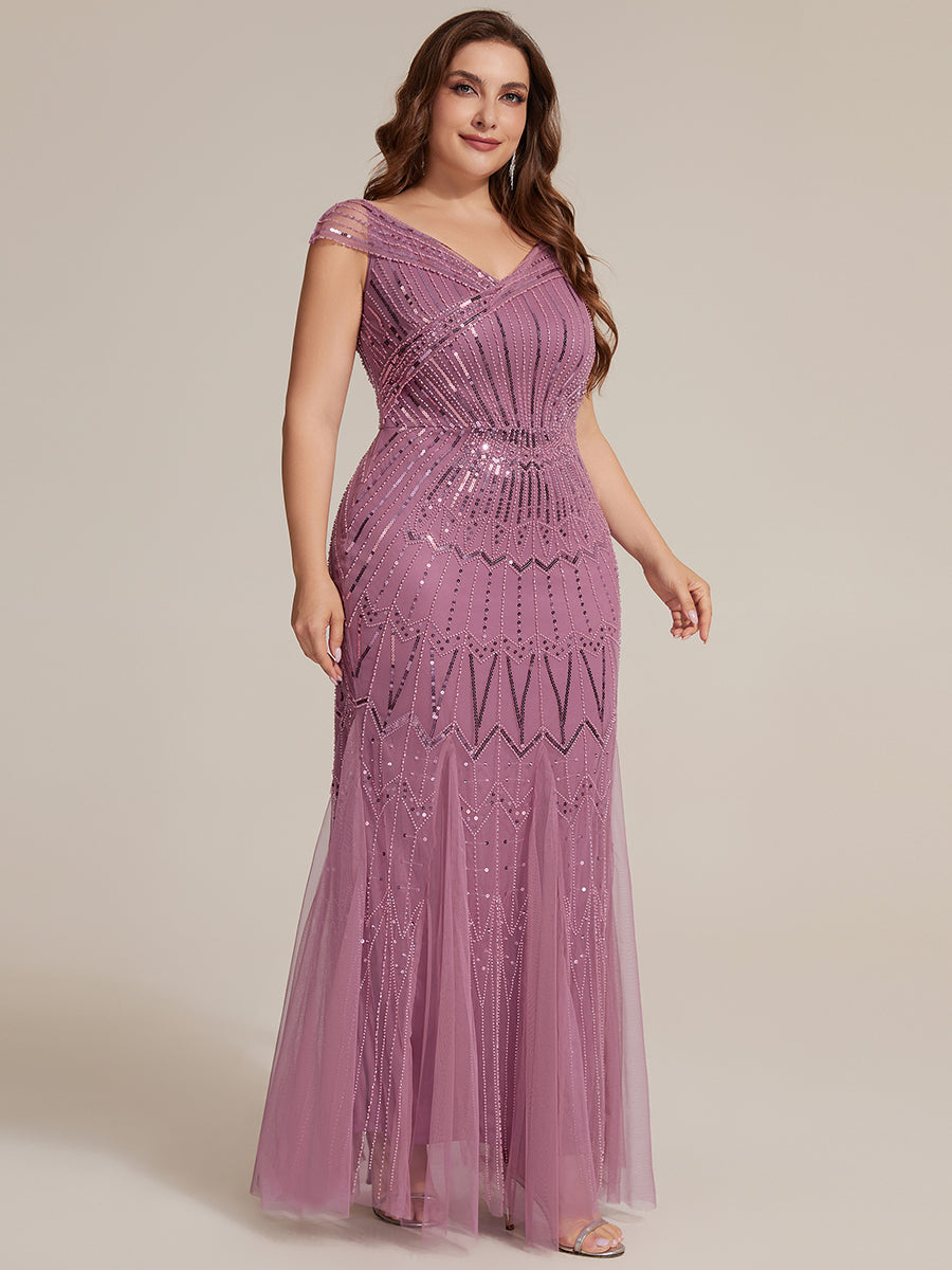 Sequin Drop Shoulder Sleeve Beaded Formal Dress #color_Purple Orchid