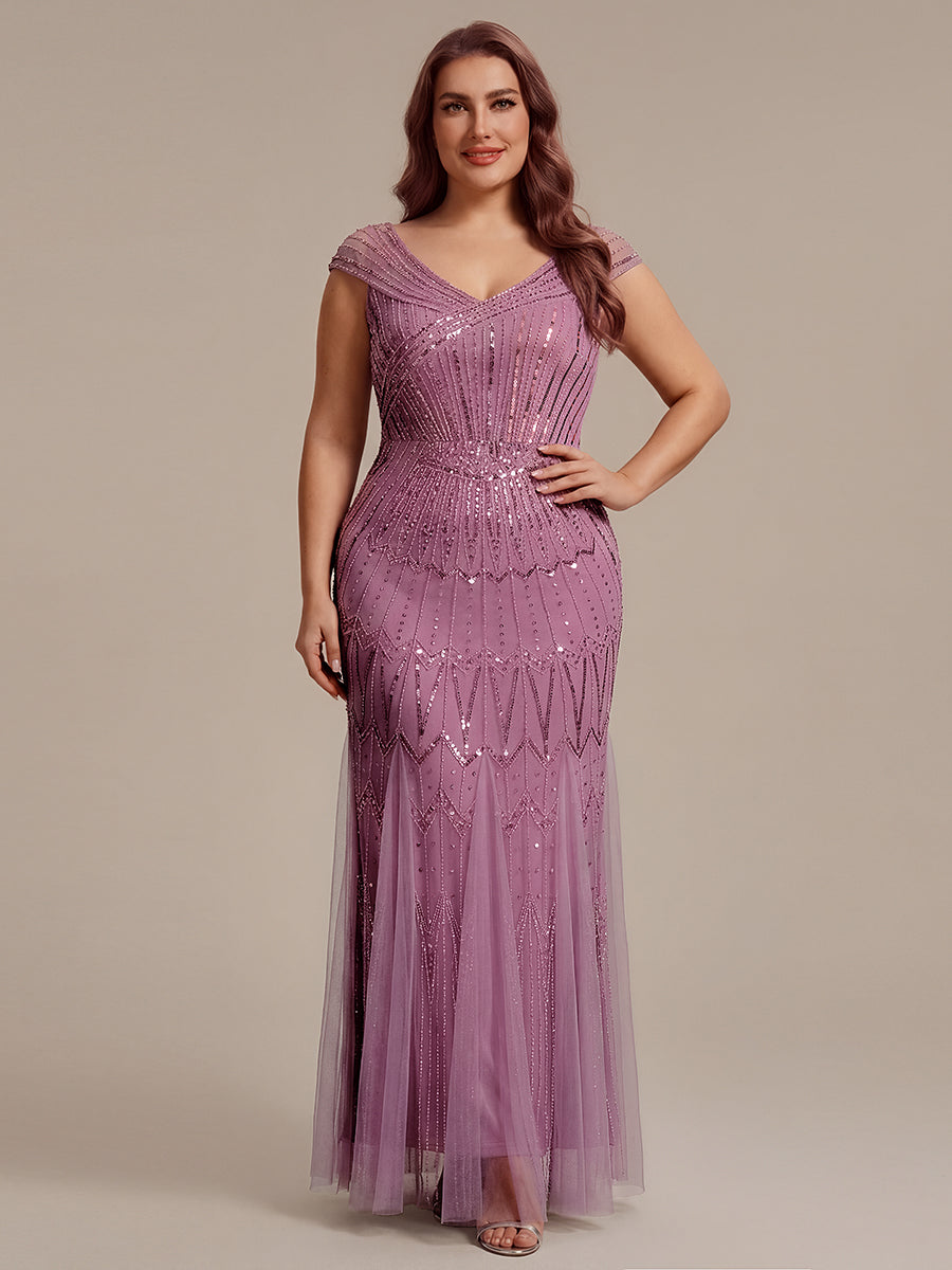 Sequin Drop Shoulder Sleeve Beaded Formal Dress #color_Purple Orchid
