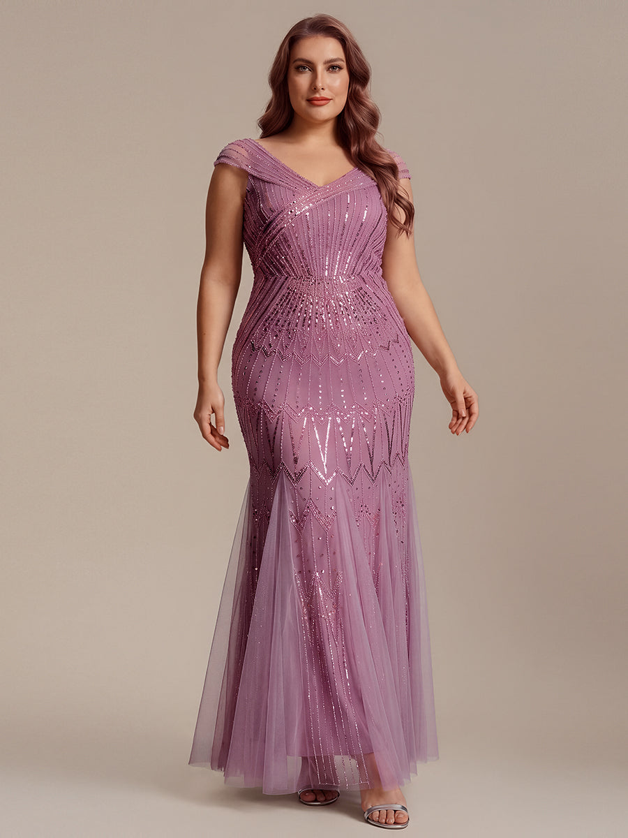 Sequin Drop Shoulder Sleeve Beaded Formal Dress #color_Purple Orchid