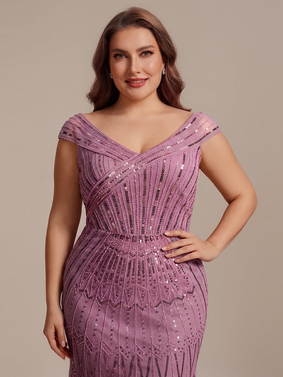 Sequin Drop Shoulder Sleeve Beaded Formal Dress #color_Purple Orchid