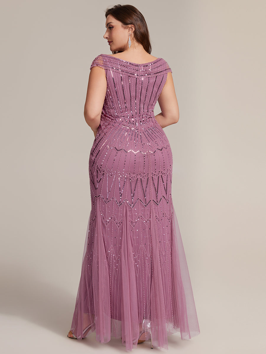 Sequin Drop Shoulder Sleeve Beaded Formal Dress #color_Purple Orchid