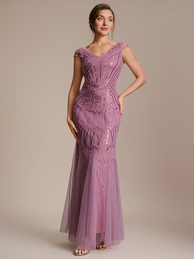 ever CABARET|Sequin Drop Shoulder Sleeve Beaded Formal Dress