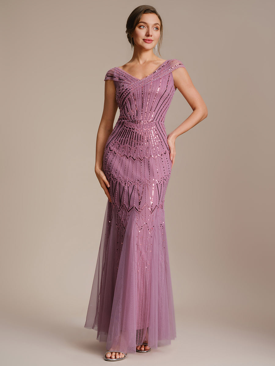 Sequin Drop Shoulder Sleeve Beaded Formal Dress #color_Purple Orchid