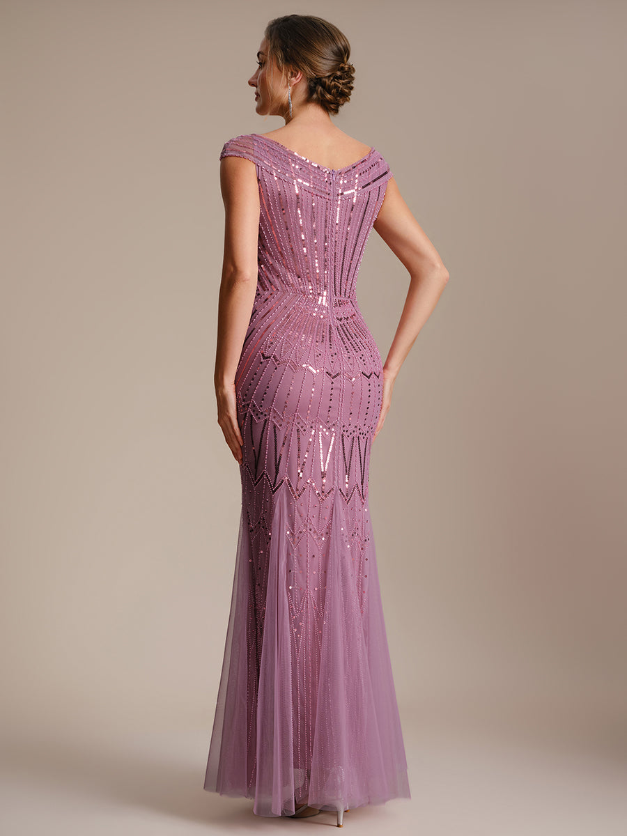 Sequin Drop Shoulder Sleeve Beaded Formal Dress #color_Purple Orchid