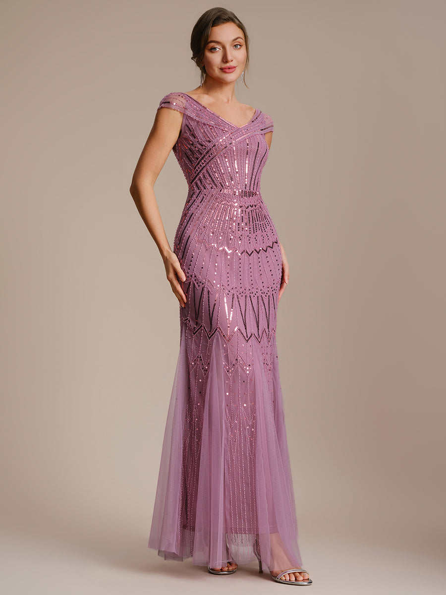 Sequin Drop Shoulder Sleeve Beaded Formal Dress #color_Purple Orchid