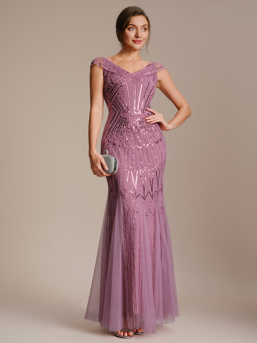Sequin Drop Shoulder Sleeve Beaded Formal Dress #color_Purple Orchid
