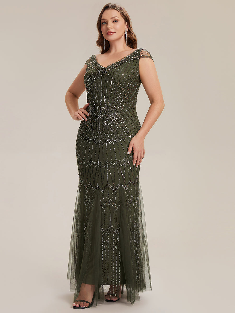 Sequin Drop Shoulder Sleeve Beaded Formal Dress #color_Olive Green