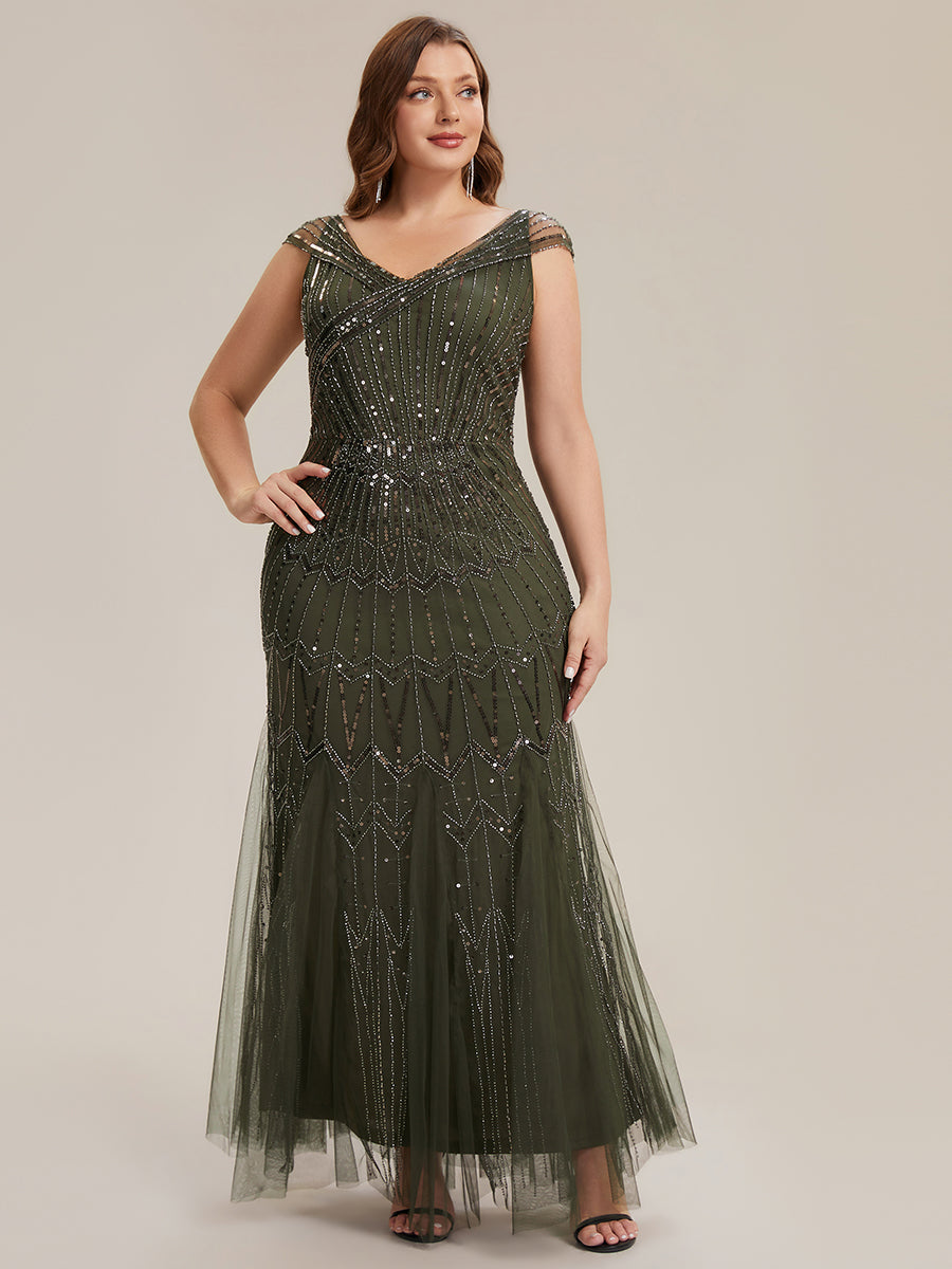 Sequin Drop Shoulder Sleeve Beaded Formal Dress #color_Olive Green