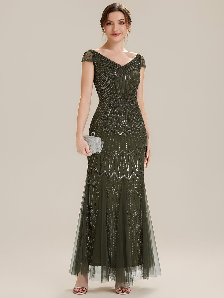 Sequin Drop Shoulder Sleeve Beaded Formal Dress #color_Olive Green