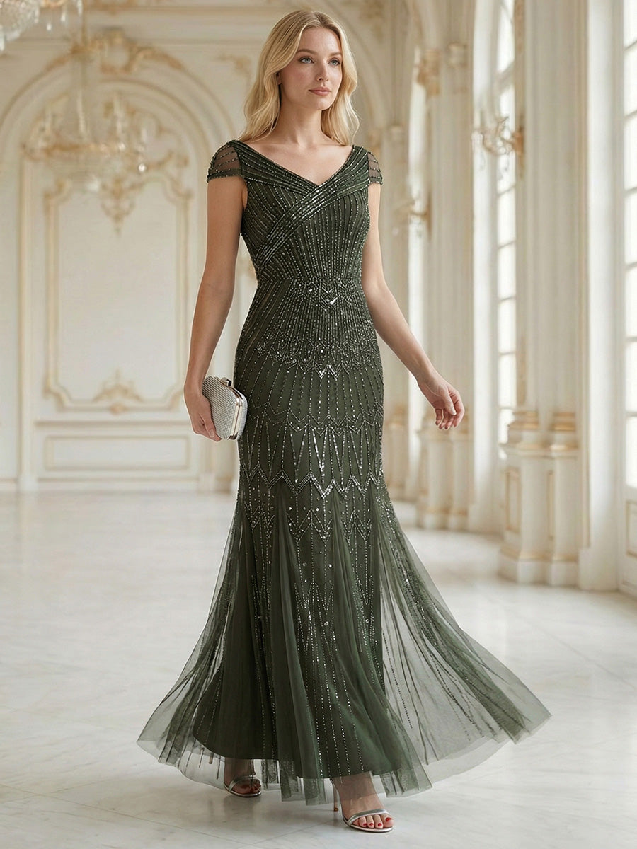 Sequin Drop Shoulder Sleeve Beaded Formal Dress #color_Olive Green