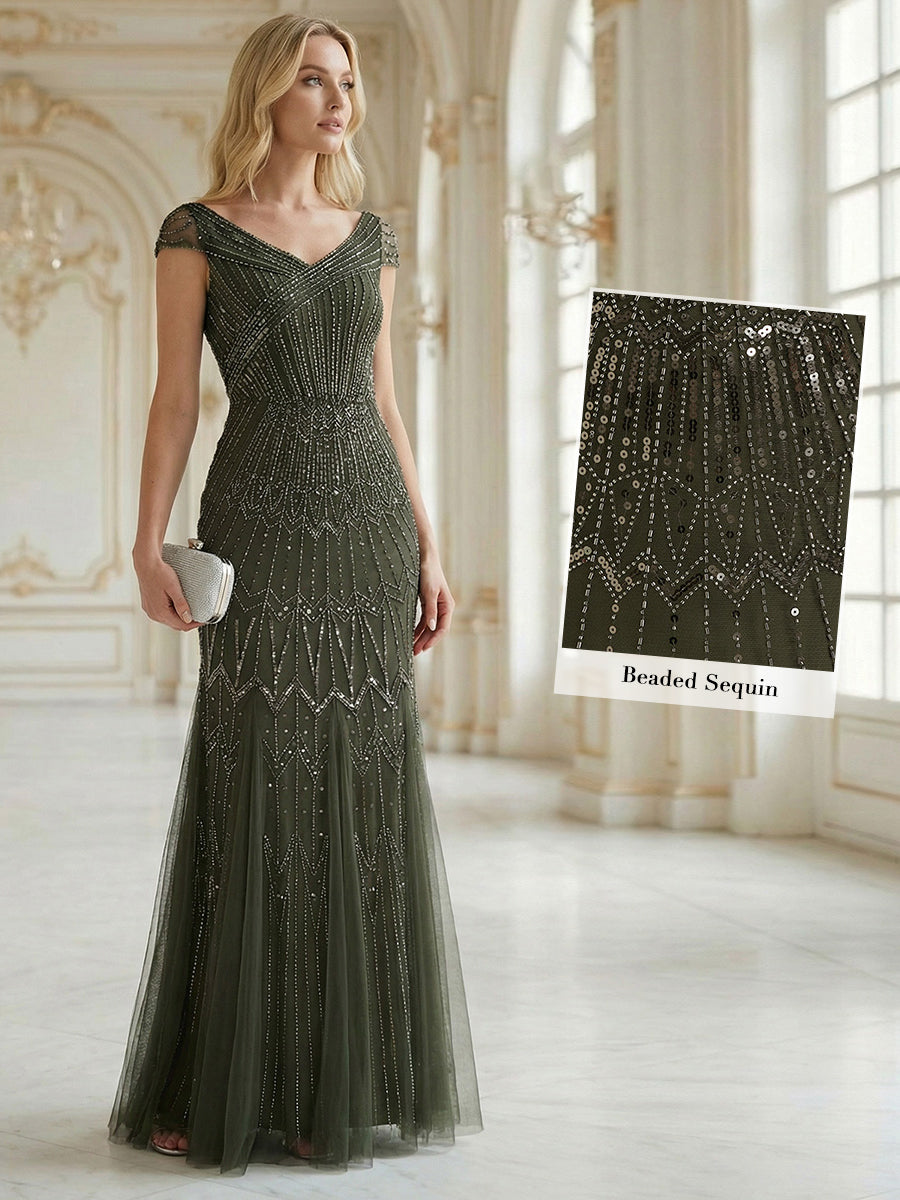 Sequin Drop Shoulder Sleeve Beaded Formal Dress #color_Olive Green