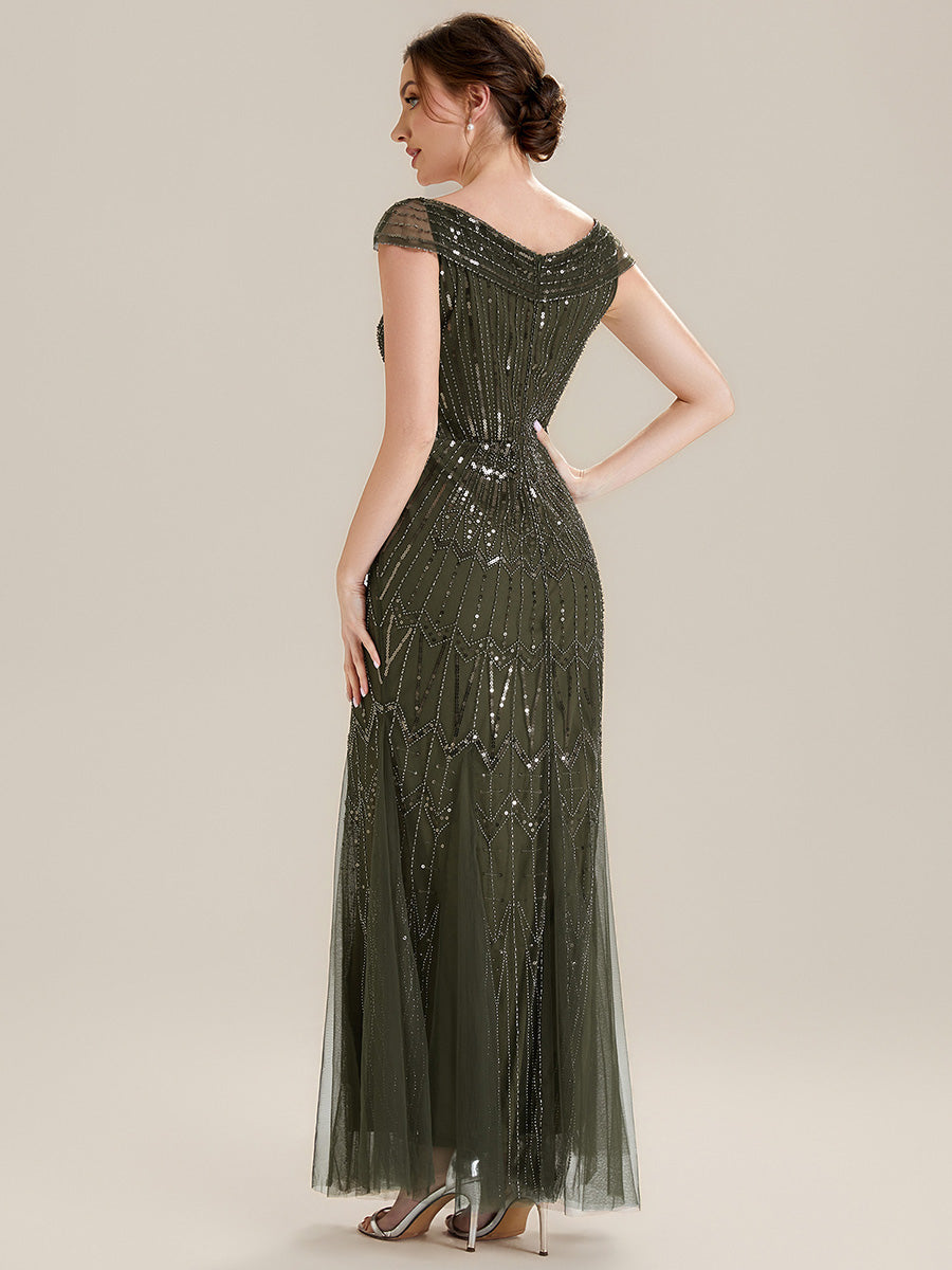 Sequin Drop Shoulder Sleeve Beaded Formal Dress #color_Olive Green