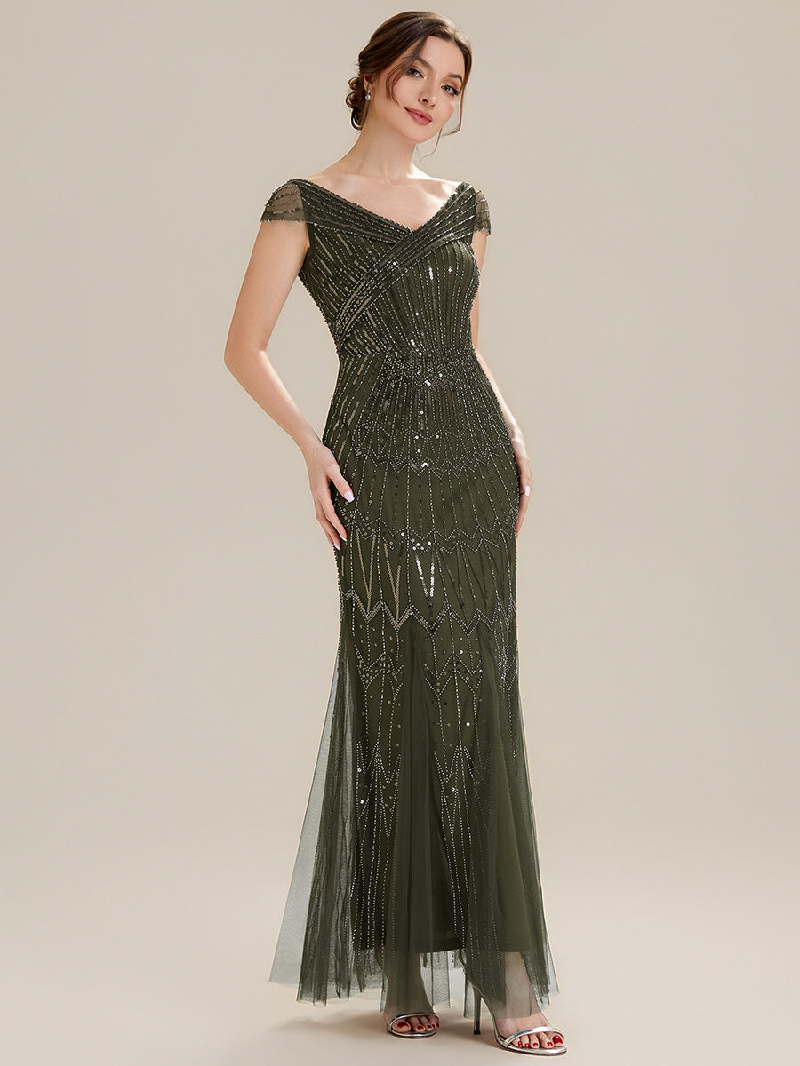 Sequin Drop Shoulder Sleeve Beaded Formal Dress #color_Olive Green