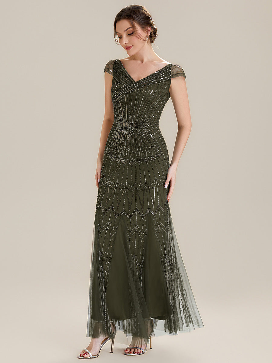 Sequin Drop Shoulder Sleeve Beaded Formal Dress #color_Olive Green