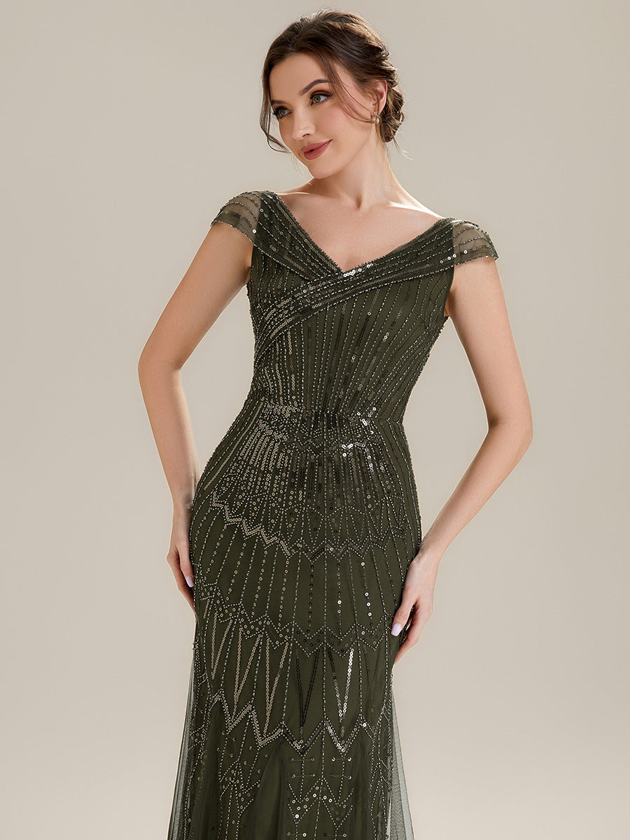 Sequin Drop Shoulder Sleeve Beaded Formal Dress #color_Olive Green