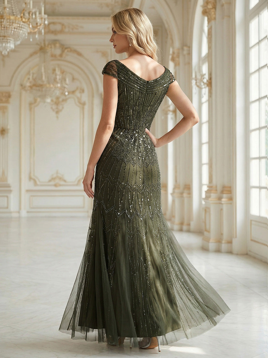 Sequin Drop Shoulder Sleeve Beaded Formal Dress #color_Olive Green