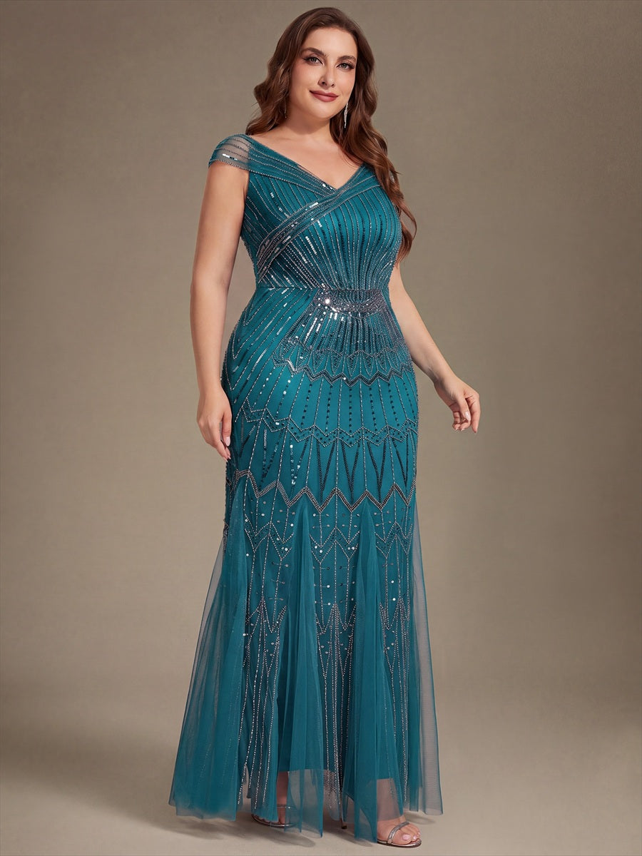 Sequin Drop Shoulder Sleeve Beaded Formal Dress #color_Teal Blue