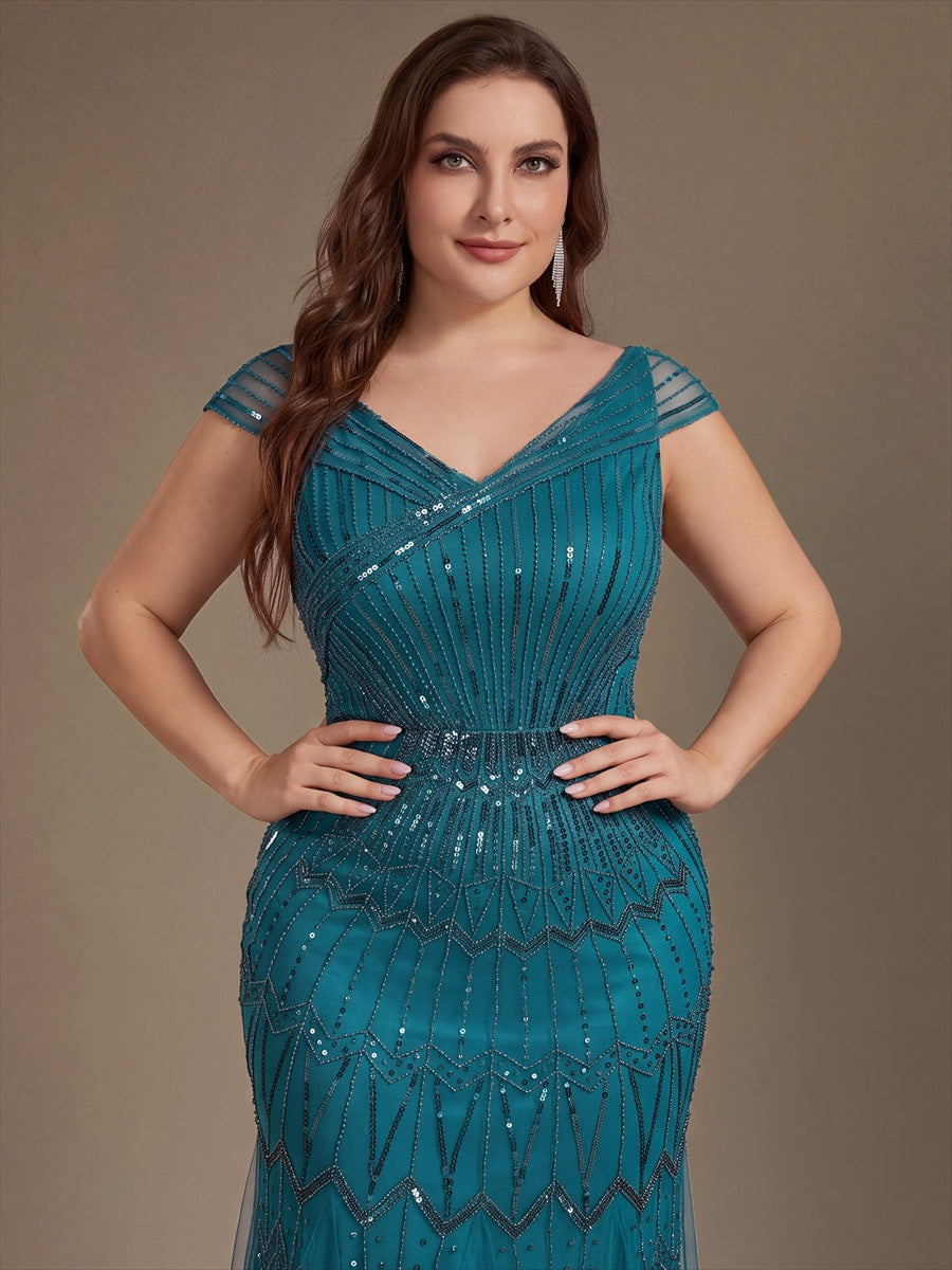 Sequin Drop Shoulder Sleeve Beaded Formal Dress #color_Teal Blue