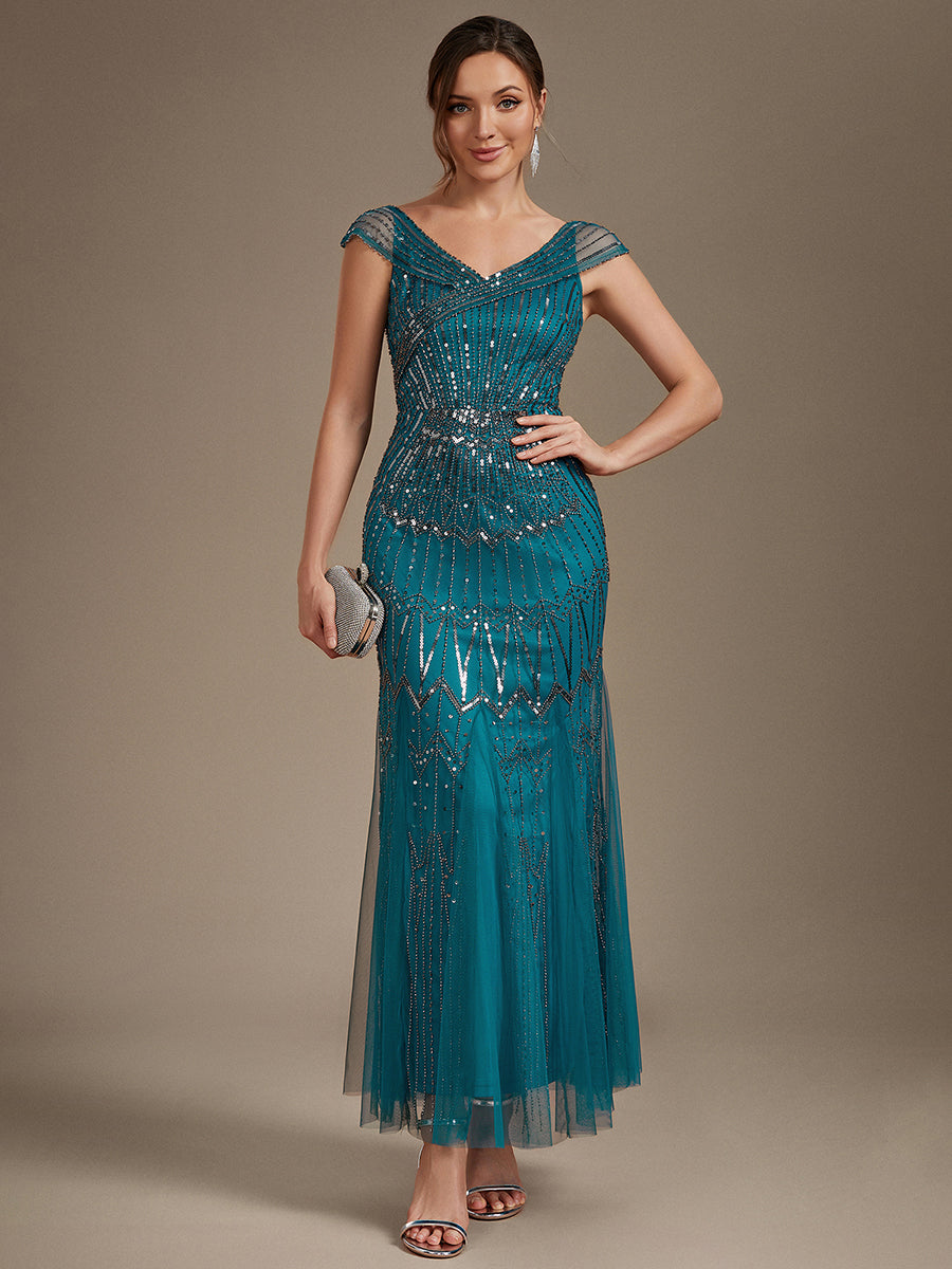 Sequin Drop Shoulder Sleeve Beaded Formal Dress #color_Teal Blue