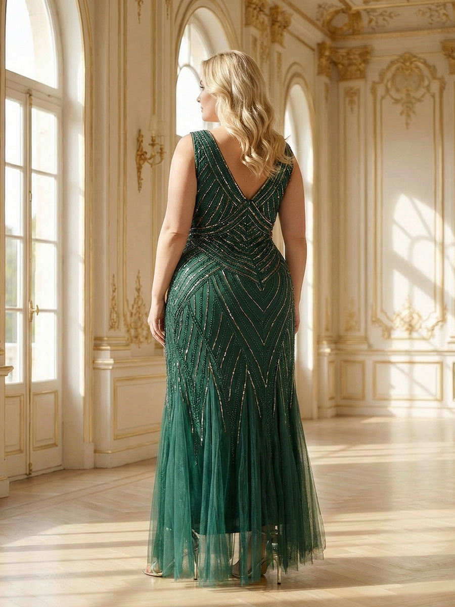 Plus Size Deep V-Neck Bead Embroidery Evening Dress #color_Dark Green