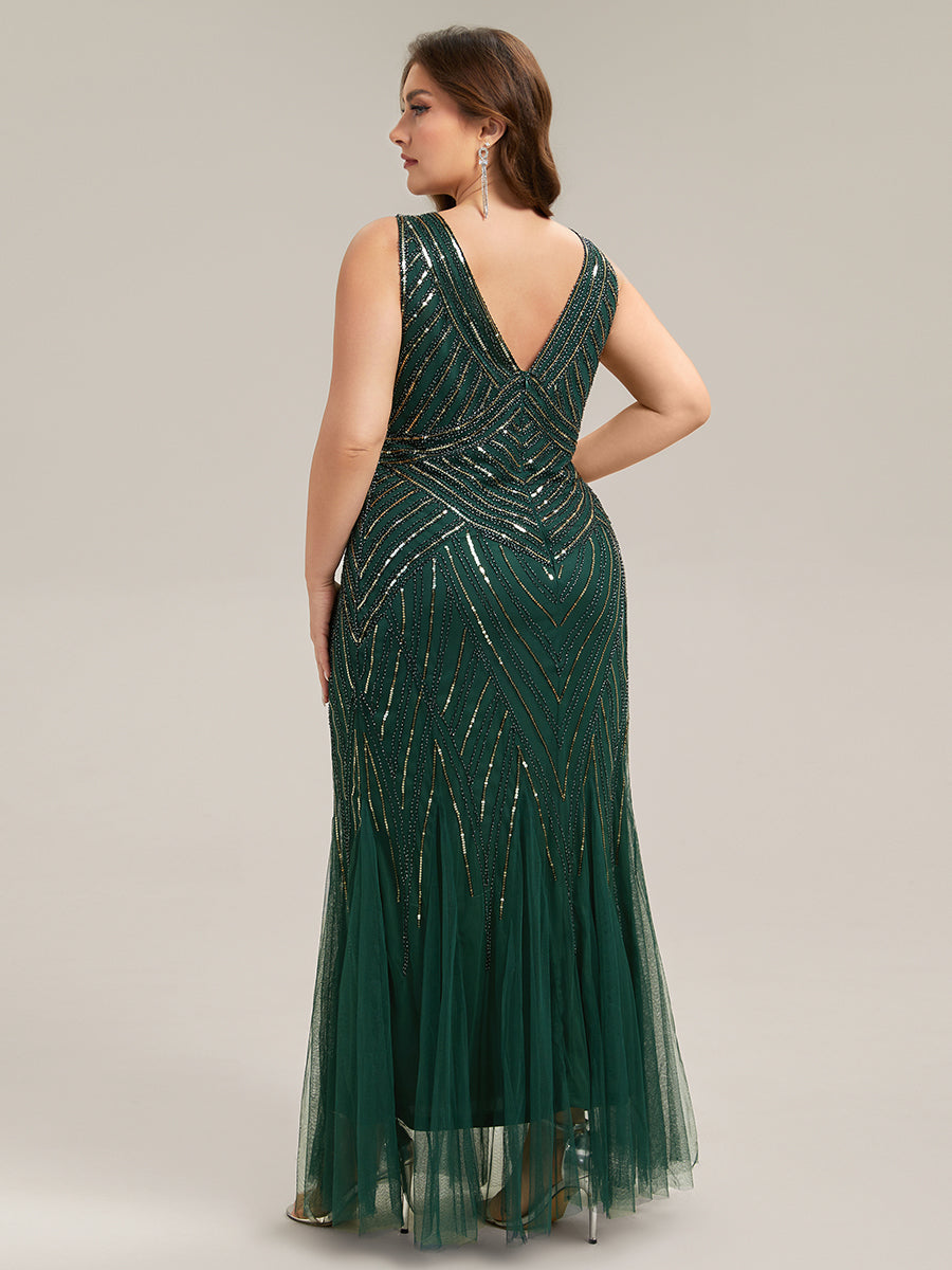 Deep V-Neck Sequin Sleeveless Evening Dress #color_Dark Green