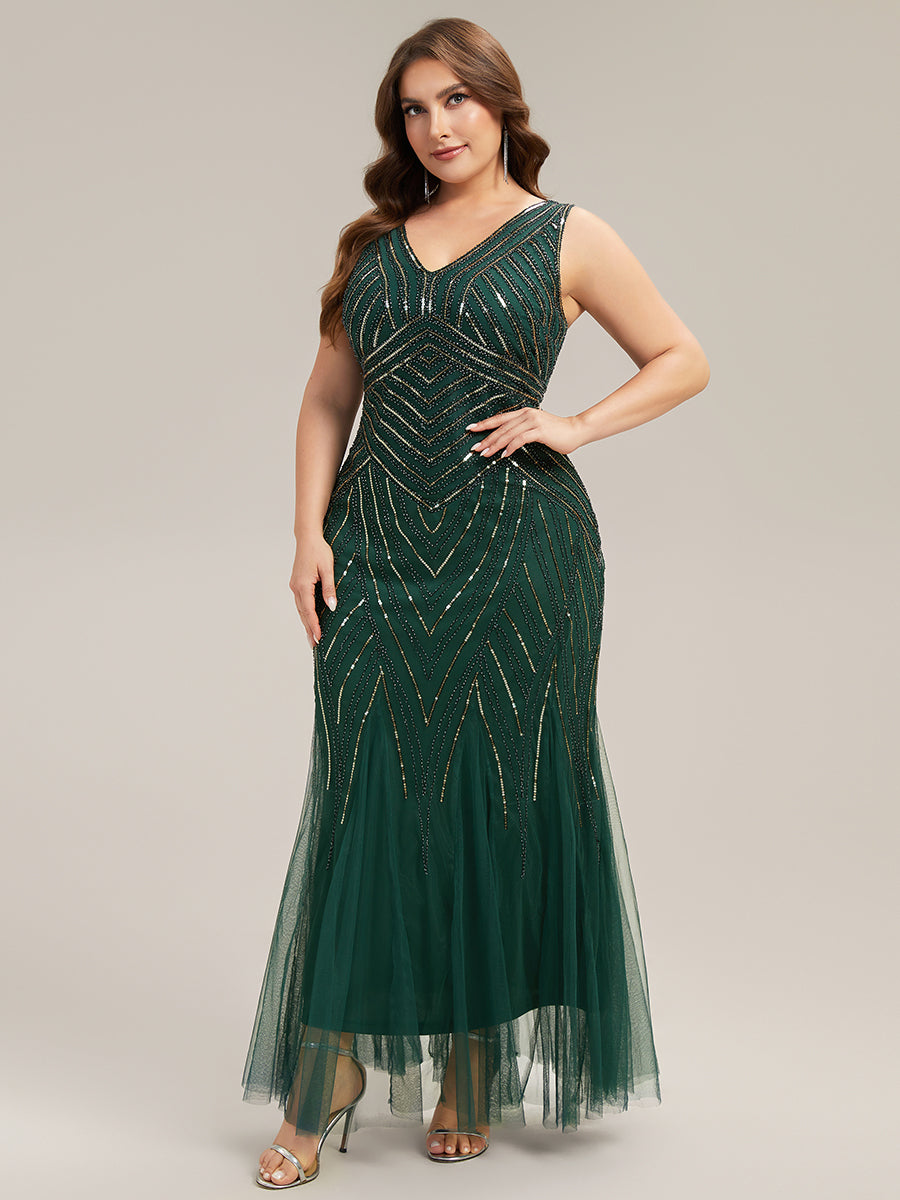 Plus Size Deep V-Neck Bead Embroidery Evening Dress #color_Dark Green