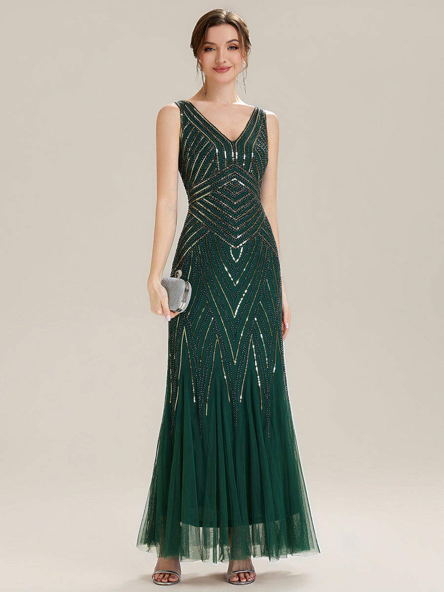 Deep V-Neck Sequin Sleeveless Evening Dress #color_Dark Green