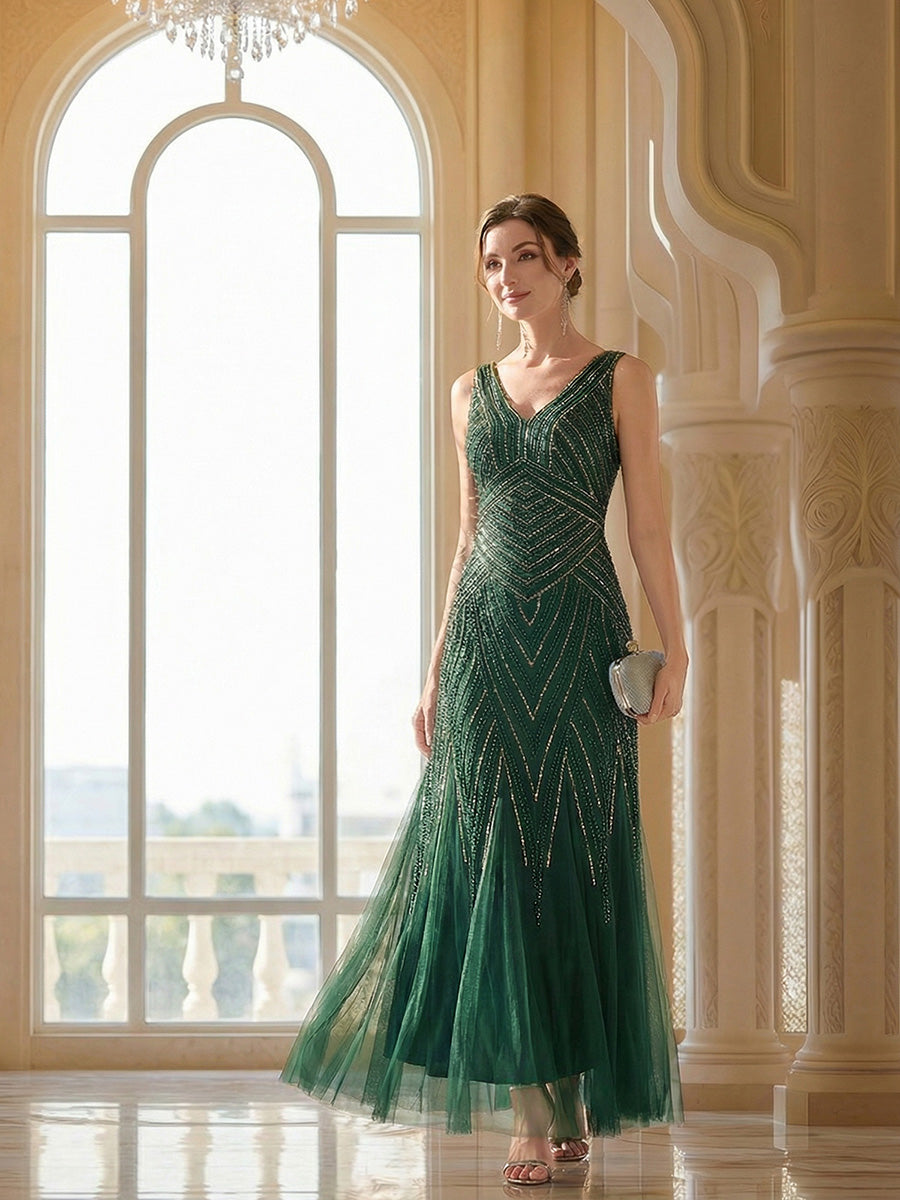 Deep V-Neck Sequin Sleeveless Evening Dress #color_Dark Green