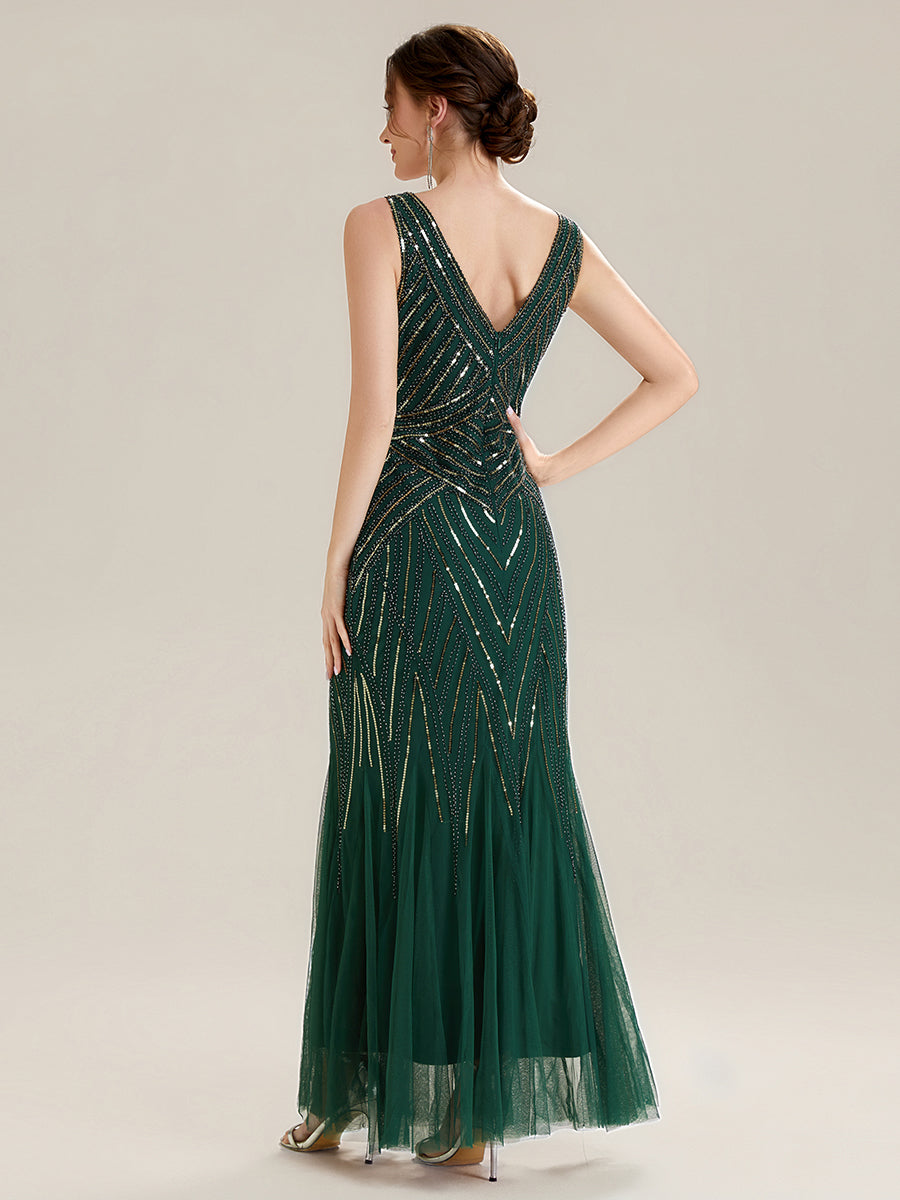 Deep V-Neck Sequin Sleeveless Evening Dress #color_Dark Green