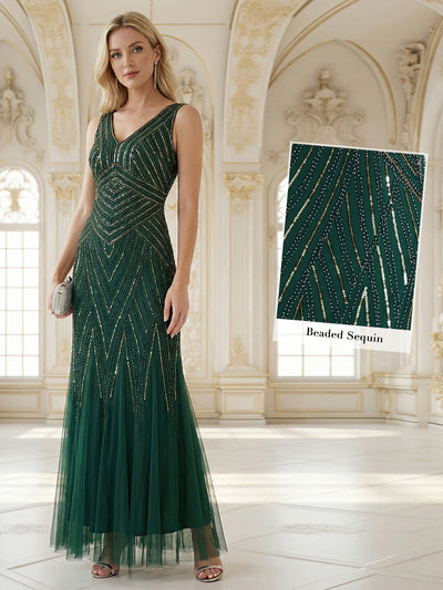 Deep V-Neck Sequin Sleeveless Evening Dress #color_Dark Green
