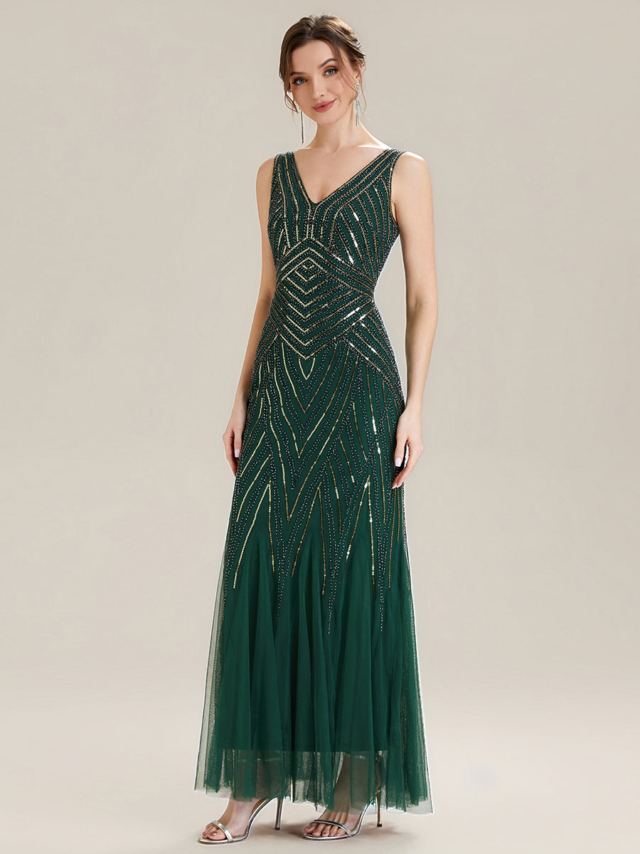 Deep V-Neck Sequin Sleeveless Evening Dress #color_Dark Green