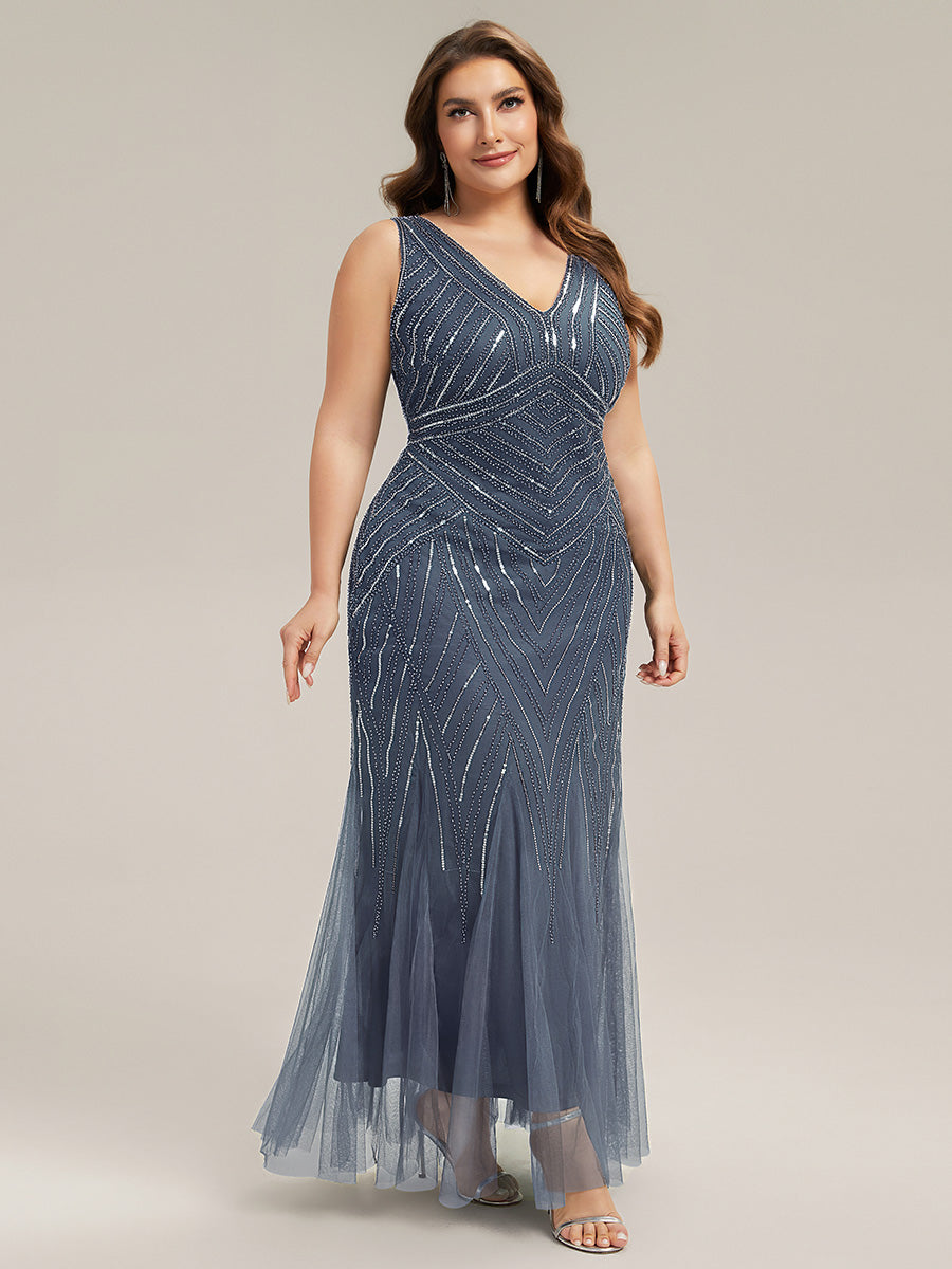 Plus Size Deep V-Neck Bead Embroidery Evening Dress #color_Dusty Blue