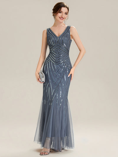 ever GLAMOUR|Deep V-Neck Sequin Sleeveless Evening Dress