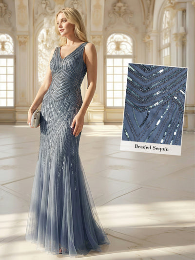 Deep V-Neck Sequin Sleeveless Evening Dress #color_Dusty Blue
