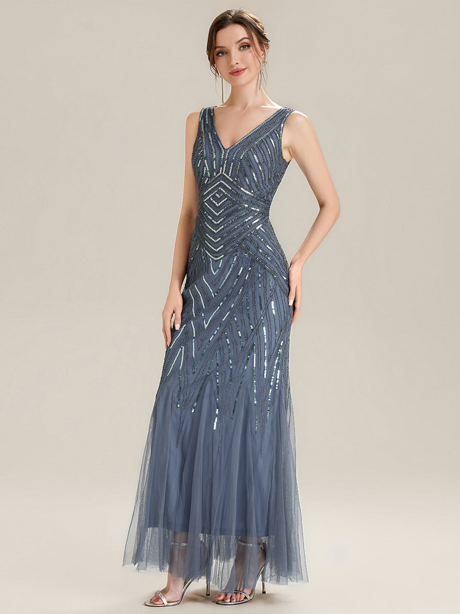 Deep V-Neck Sequin Sleeveless Evening Dress #color_Dusty Blue