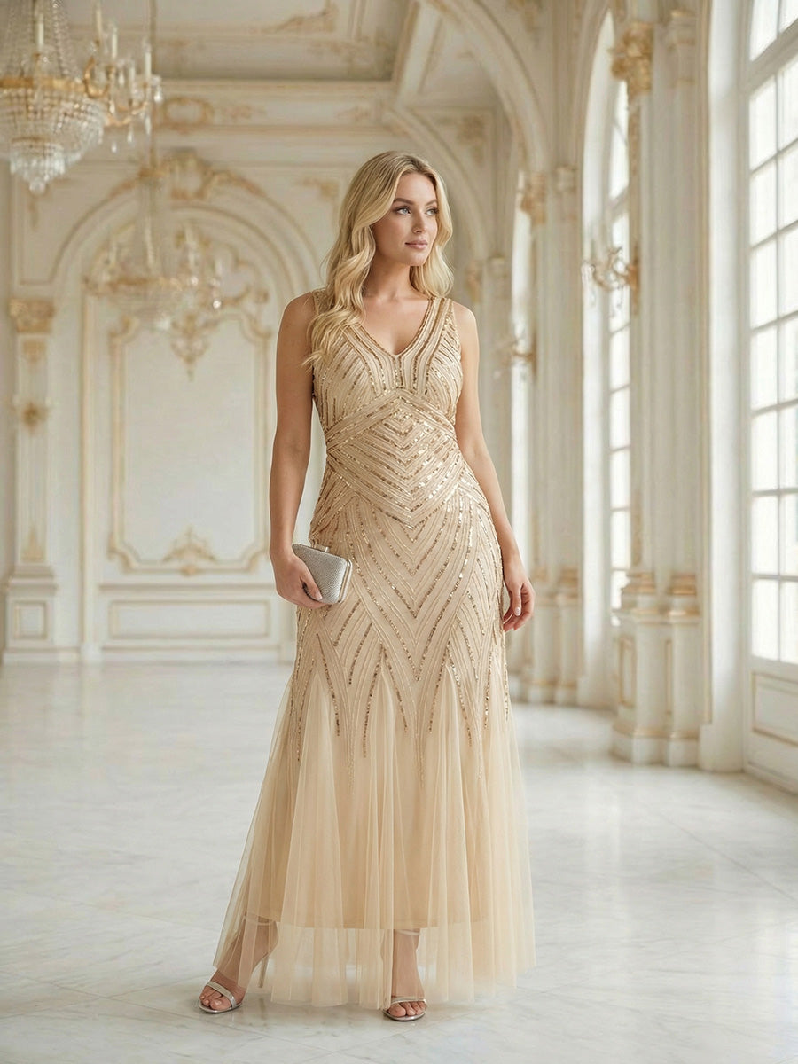 Plus Size Deep V-Neck Bead Embroidery Evening Dress #color_Gold