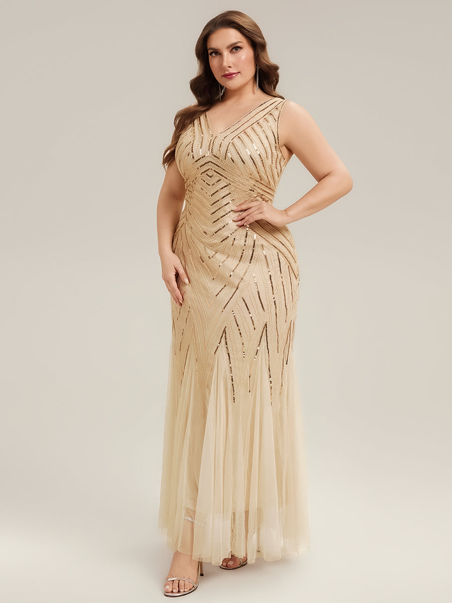 Plus Size Deep V-Neck Bead Embroidery Evening Dress #color_Gold