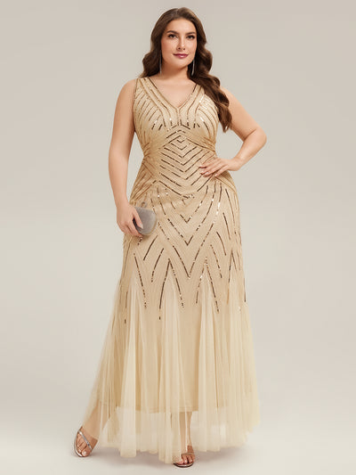 pretty GLAMOUR|Plus Size Deep V-Neck Bead Embroidery Evening Dress