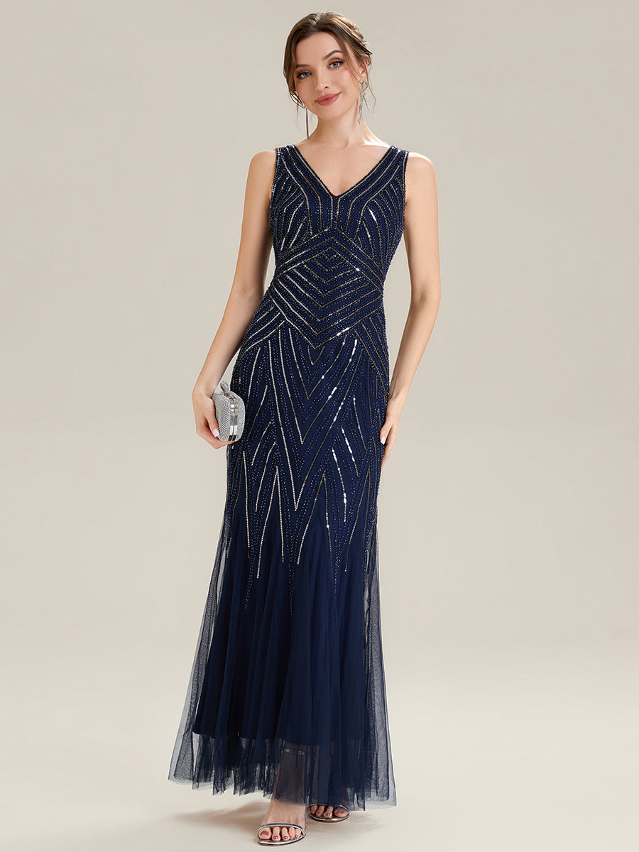 Deep V-Neck Sequin Sleeveless Evening Dress #color_Navy Blue